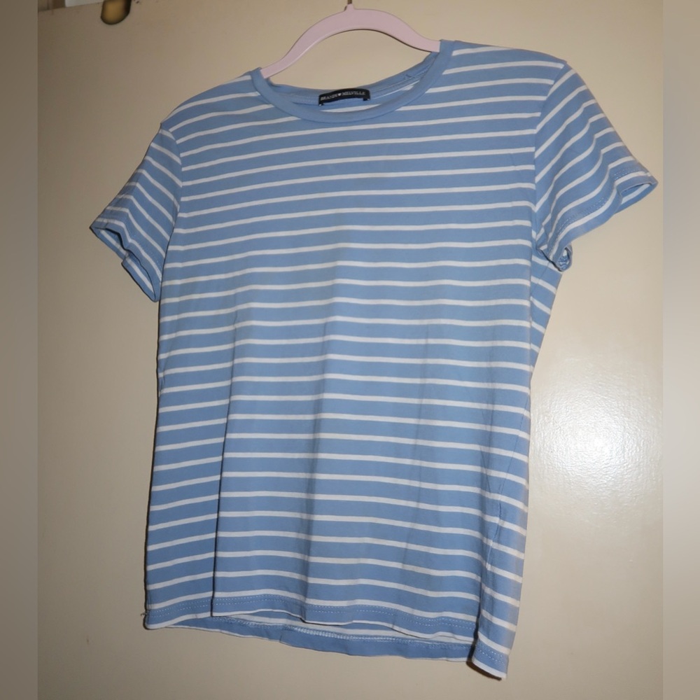 Brandy Melville Blue and White Striped Short Sleeve Tee